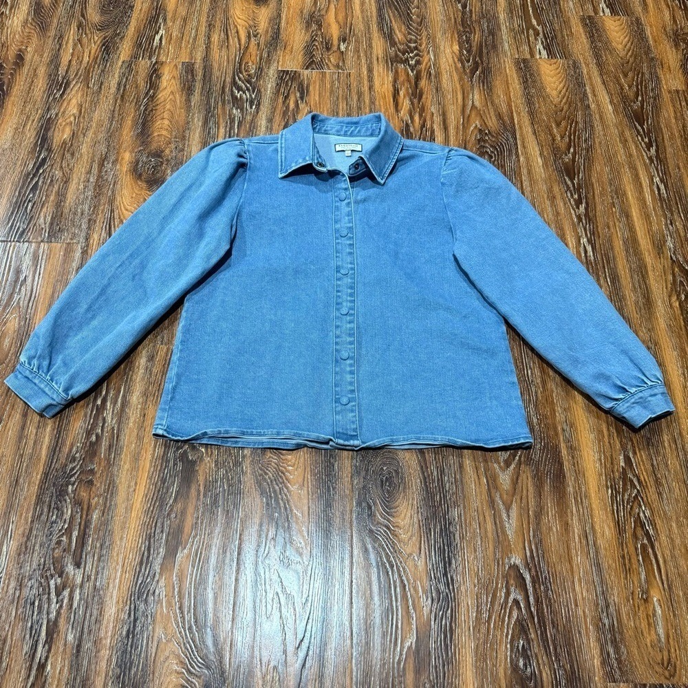 Bagatelle Blue Denim Stretch‎ Button-Up Shirt Jacket Size L Women's Puff Sleeve